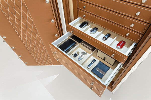tan leather and stainless safe interior